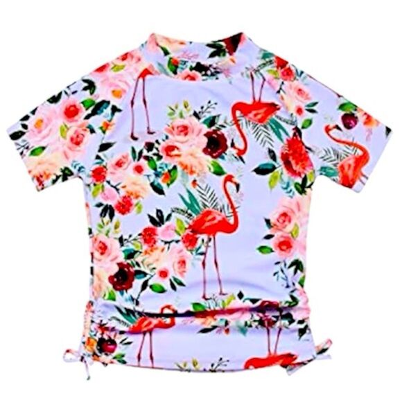 Girls Floral Rash Guard Flamingo Print Swimsuit Top - Picture 1 of 4